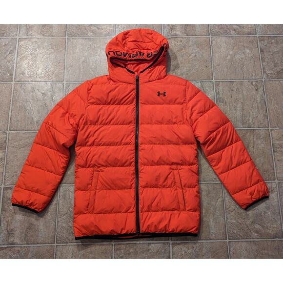Under Armour sz YXL Loose Hoodie Puffer Jacket red zips pockets Coldgear O